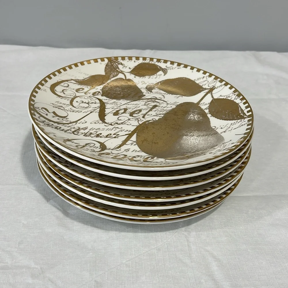 Restoration Hardware Christmas 8”Plates Holiday Gold Pear Noel Peace Set